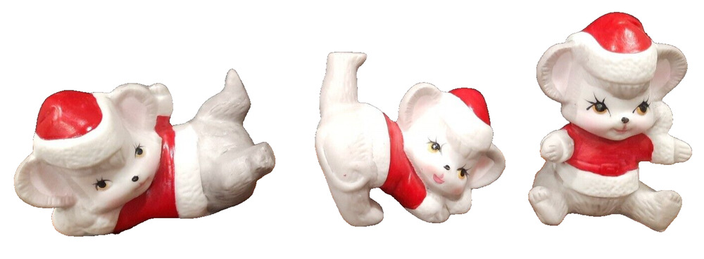 Vtg Set of 3 ANTHROPOMORPHIC Bisque Porcelain Tumbling CHRISTMAS MICE Santa Hats